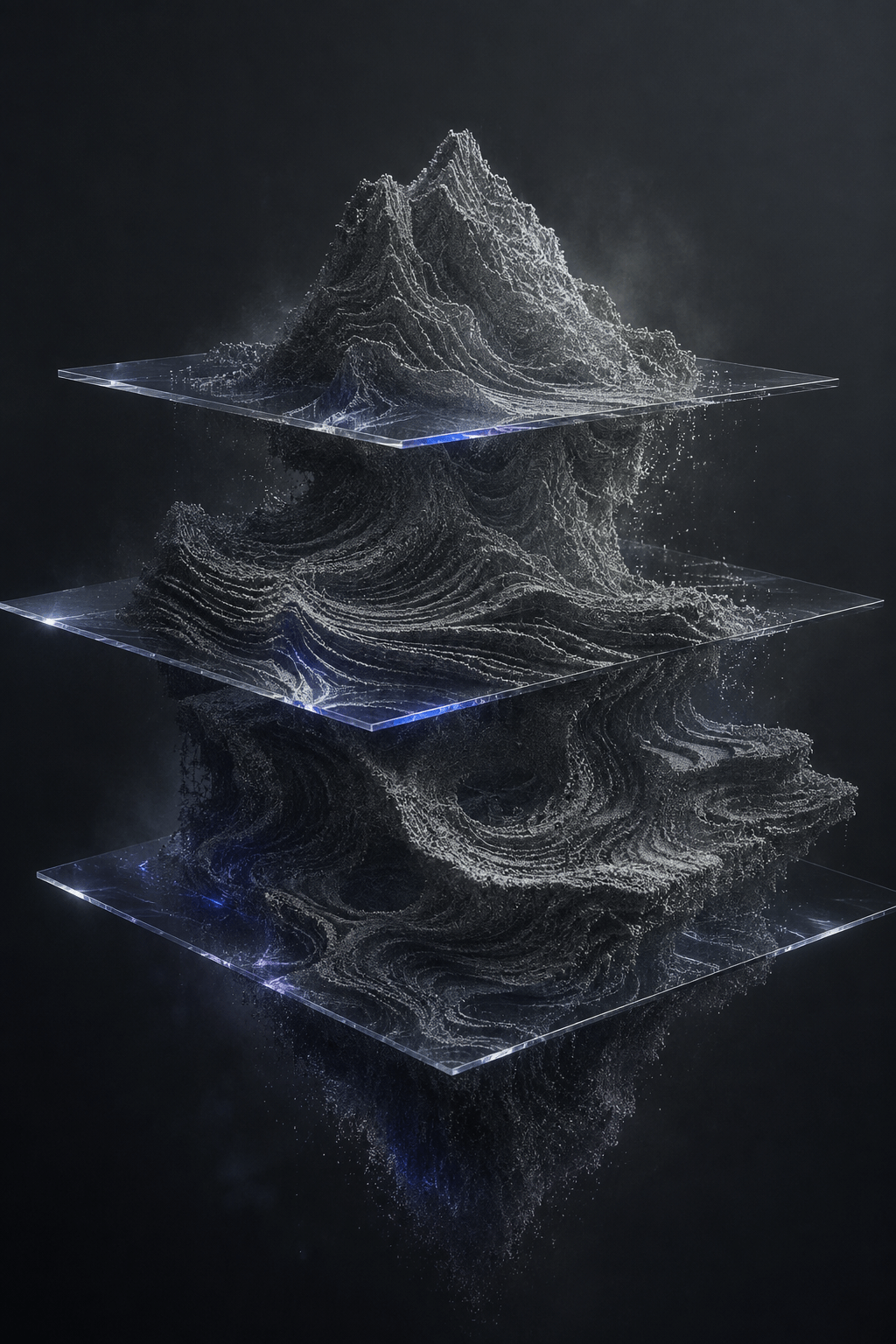 Volumetric particle topography rising through transparent technical planes and measured spectral light