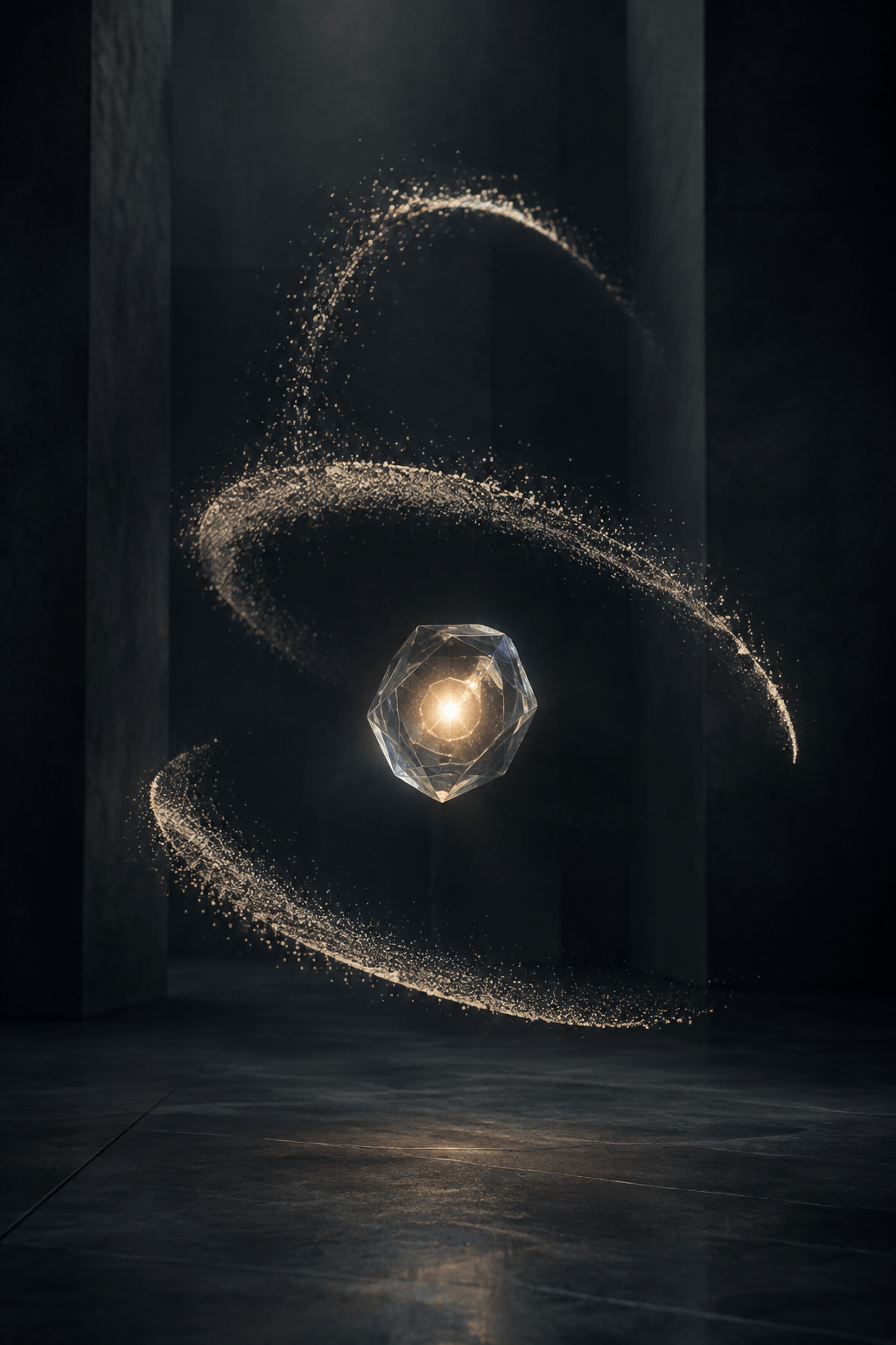 A calm orbital particle system holding a luminous core within transparent protective geometry