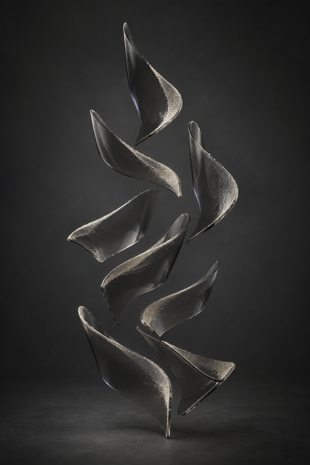 Eight quiet material folds resolved through fine particles, optical glass, and subtle spectral edges